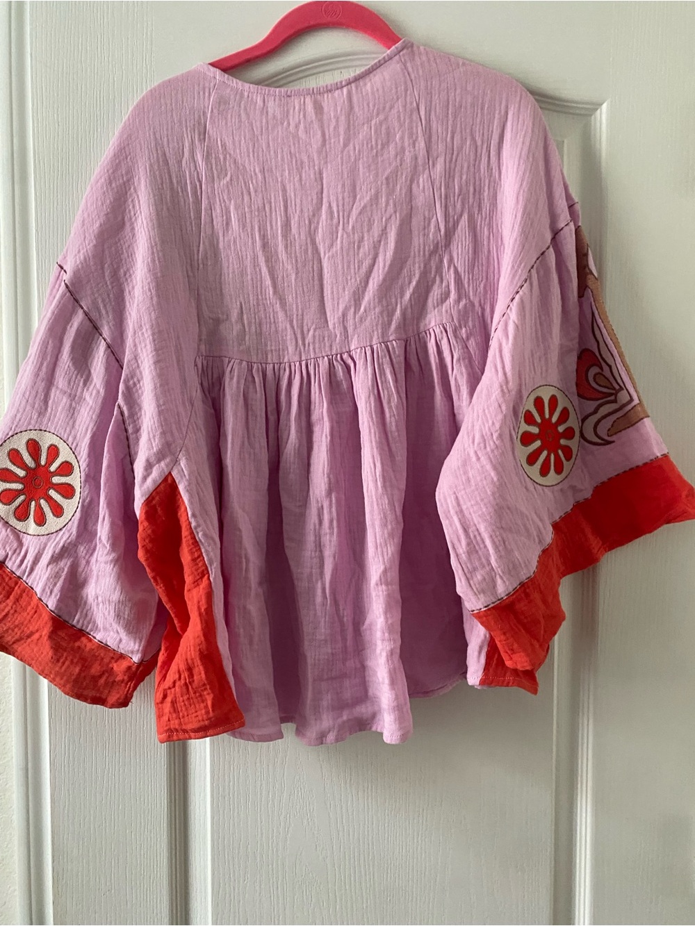 Easel Boho Embroidered V-Neck Cotton Gauze Peasant Babydoll Tunic Pink Top  M - Picture 8 of 12